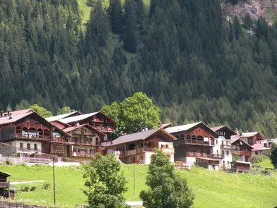 a group of houses on a hill in front of a mountain at Hotel Garni Civetta in Selva di Cadore