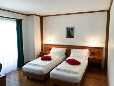 a hotel room with two beds with red pillows at Hotel Garni Civetta in Selva di Cadore