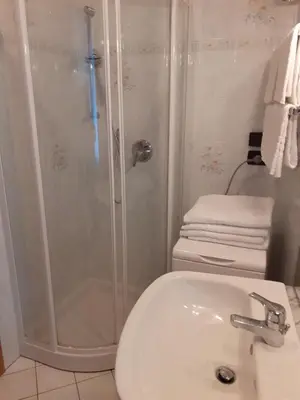 a bathroom with a shower and a toilet and a sink at Appartamenti Rumo in Rumo
