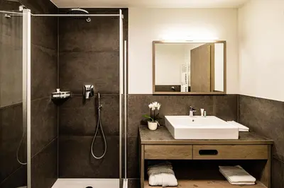a bathroom with a sink and a shower at Panorama Residence Saltauserhof Resort in Saltusio