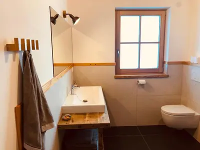 a bathroom with a sink and a toilet and a window at Bergidyll an der Lane - Pfunders in Fundres