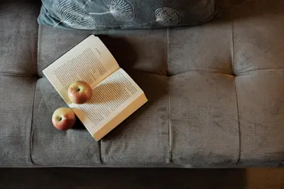 two apples and a book on a couch at Bäcksteinerhof in Merano