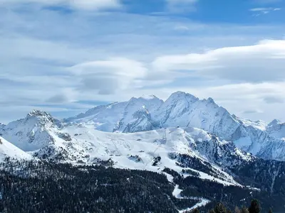 a snowy mountain range with trees and snow capped mountains at Apartment Apt 2 by Interhome in Canazei