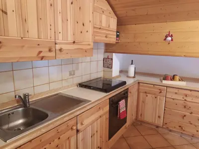 a kitchen with wooden cabinets and a sink at NEGRITELLA in Alba di Canazei