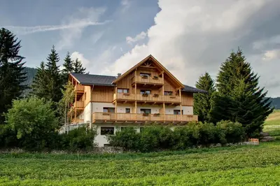 a large wooden house in the middle of a field at Appartments Helvetia in Villabassa