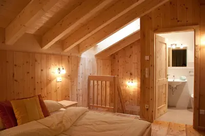 a bedroom with wooden walls and a bed in a room at Appartments Helvetia in Villabassa