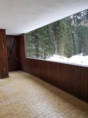 a large room with a large window in a forest at Des Alpes 1 in Canazei