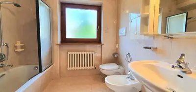 a bathroom with a sink and a toilet and a window at Ciasa Confolia in San Vigilio Di Marebbe