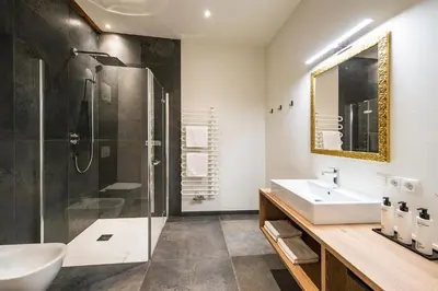 a bathroom with a sink and a shower at Hofbauer in Brunico
