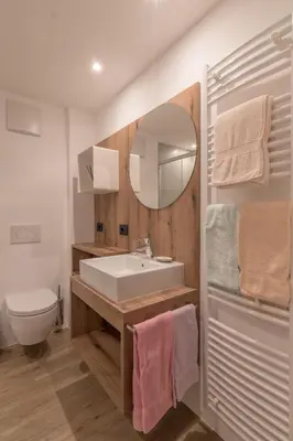 a bathroom with a sink and a toilet and a mirror at Apartments La Vara in Corvara in Badia