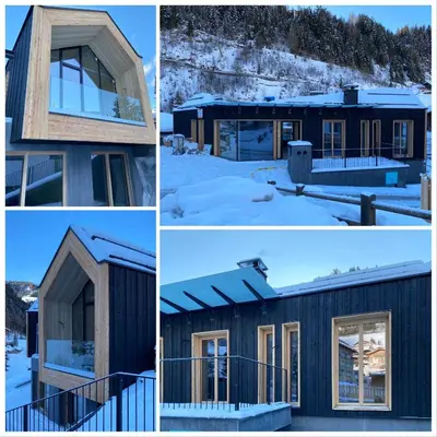 four different views of a house in the snow at Mi Coa in Santa Cristina in Val Gardena