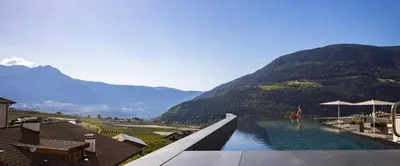 a giraffe standing on the edge of a swimming pool at Alpin & Stylehotel Die Sonne in Parcines