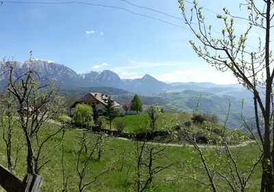 a house on a hill with mountains in the background at Birbamergut in Longomoso