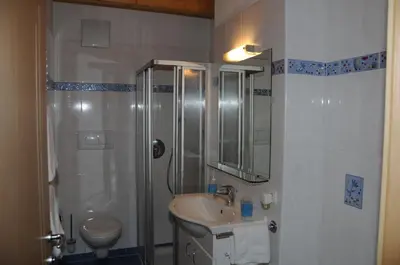 a bathroom with a shower and a sink and a toilet at Zangerlechnhof in Brunico