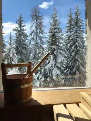 a window with a view of snow covered trees at Kronplatz Ski Lodge in Valdaora
