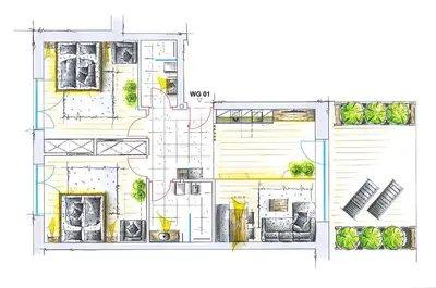 a drawing of a floor plan of a house at Uetzenhof in Naz-Sciaves