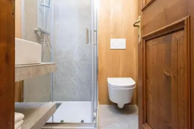 a bathroom with a toilet and a glass shower at Chalet Ruoibes in San Vito di Cadore