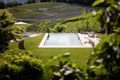 a swimming pool in the middle of a yard at Ebnerhof in Appiano sulla Strada del Vino