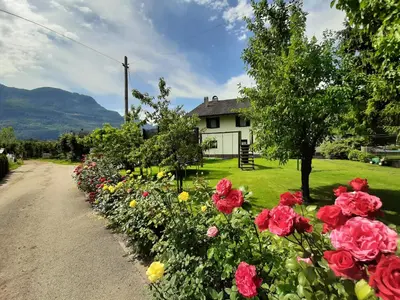 a garden of flowers in front of a house at Hirschenhof in Laives