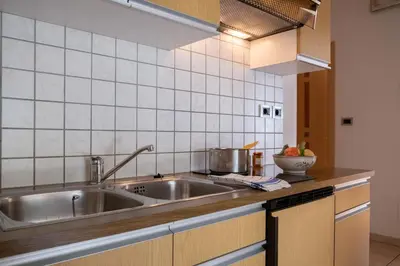 a kitchen with a stainless steel sink and a counter at Rabland Haus Texel I in Parcines