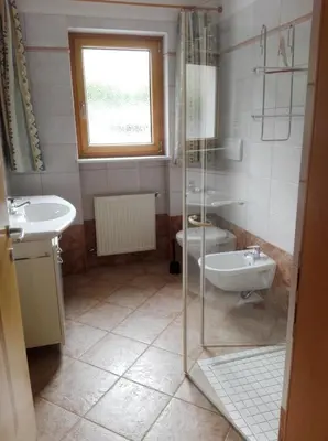 a bathroom with a shower and a sink and a toilet at Rabland Haus Texel I in Parcines