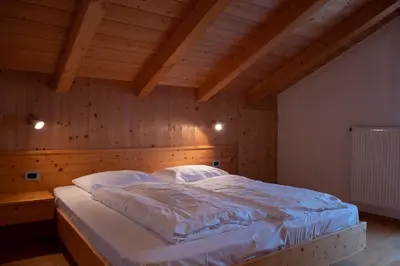 a large bed in a room with wooden walls at Ferienwohnung im Haus Texel VI in Parcines