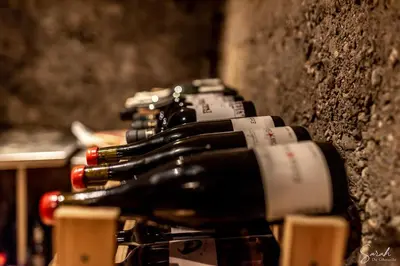 a bunch of wine bottles lined up against a wall at Casa al Sole in Ortisei