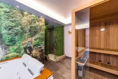 a bathroom with a shower and a white sink at Sweet Dolomites Sauna & Jacuzzi in Agordo