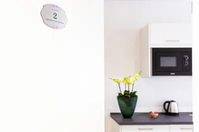 a kitchen with a vase of flowers on a counter at Lara's Guesthouse in Merano