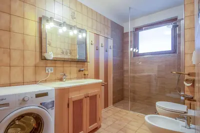 a bathroom with a washing machine and a sink at Villa Noce 2 in Tesero