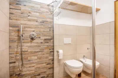 a bathroom with a shower and a toilet and a sink at Villa Noce 1 in Tesero