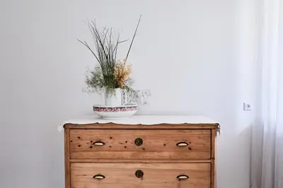 a wooden dresser with a plant on top of it at Apartmenthaus Haringer in Novacella