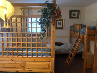 a bedroom with two bunk beds and a ladder at Mellon House in Falcade