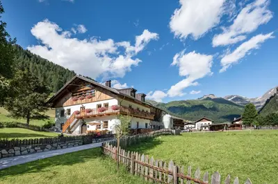 a house in a field with mountains in the background at Blasighof in Quinzo