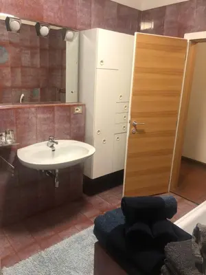 a bathroom with a sink and a mirror at Haus Greti in Magrè allʼ Adige