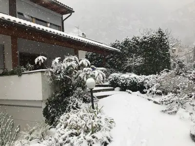 a yard covered in snow in front of a house at Haus Greti in Magrè allʼ Adige