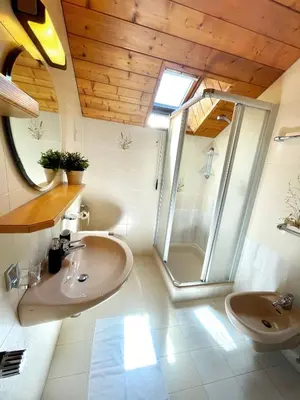 a bathroom with a sink and a shower at Apartments Spirit of Mountains in Rasun di Sopra