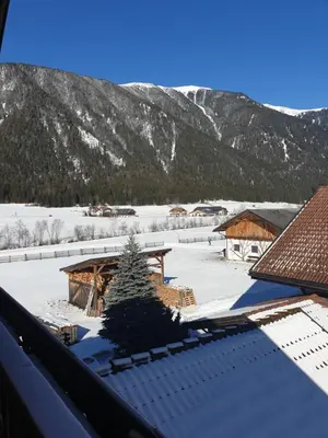 a christmas tree on the roof of a house in the snow at Apartments Spirit of Mountains in Rasun di Sopra