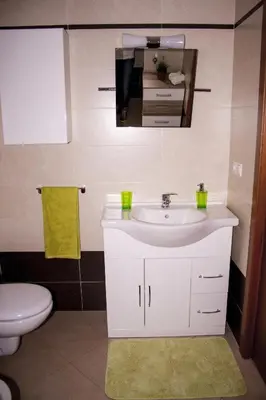 a bathroom with a sink and a toilet and a mirror at Apartment BELLA VISTA in Bolzano