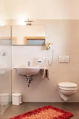 a bathroom with a sink and a toilet at Garni Wieterer in Terlano