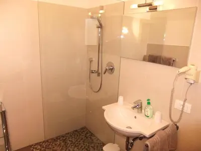 a bathroom with a sink and a shower at Garni Wieterer in Terlano