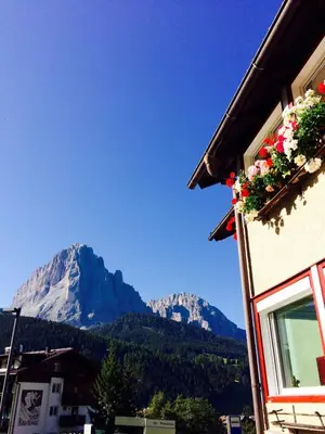 a view of a mountain with flowers on a building at La terrazza gardenese in Santa Cristina in Val Gardena