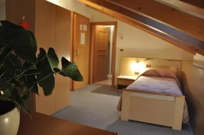 a bedroom with a bed and a plant in a room at Albergo Dolomiti in Capriana