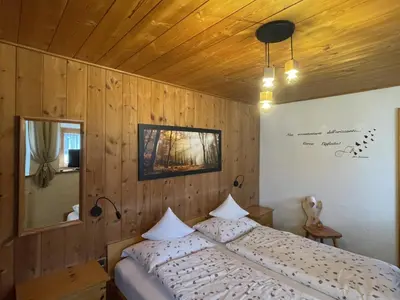 a bedroom with a bed and a wooden wall at Col Dala Vara in San Cassiano