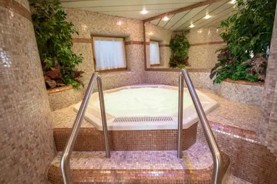 a jacuzzi tub in a room with plants at Hotel Maibad in Vipiteno