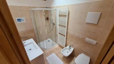 a bathroom with a shower and a toilet and a sink at Affittacamere Dolce Sogno in Coredo