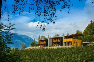 a house on a hill with mountains in the background at Weingut Eichenstein in Merano