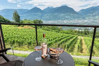 a table with a bottle of wine and two glasses at Weingut Eichenstein in Merano