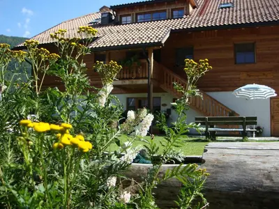 a house with a bench and flowers in the yard at Winnewieser in Vandoies