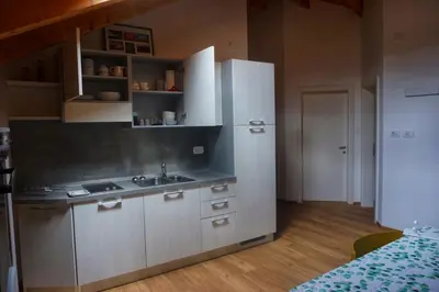 a kitchen with a sink and a white refrigerator at Agritur Zuveith in Salorno sulla Strada del Vino